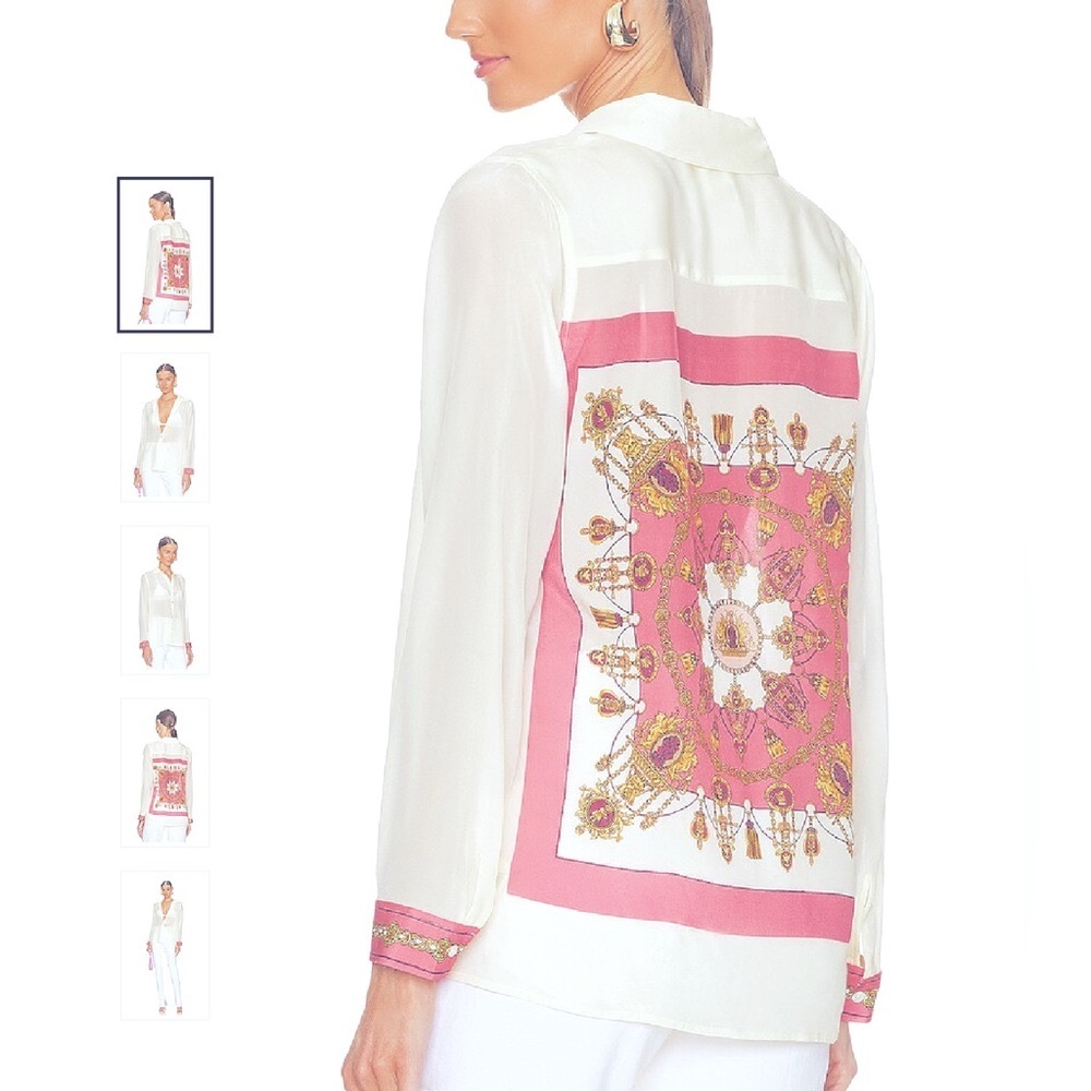 NWT💕L’AGENCE Nina Ansel Graphic Silk Blouse, Striped Petal/Ivory | Sz XS